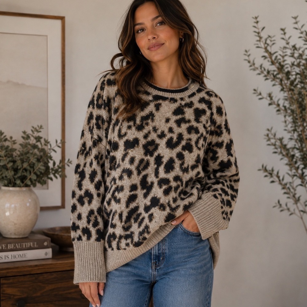 POL Leopard-Print Crewneck Sweater in Beige and Black